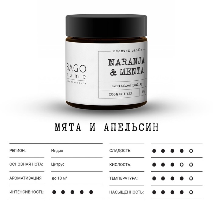 Свеча ароматическая в банке Свеча ароматическая в банке "Мята и апельсин", совый воск, 88 г