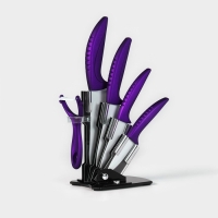 Набор кухонный «Изгиб», 5 предметов: ножи 7,5 см, 10 см, 13 см, 15 см, овощечистка, на подставке, цвет фиолетовый Набор кухонный «Изгиб», 5 предметов: ножи 7,5 см, 10 см, 13 см, 15 см, овощечистка, на подставке, цвет фиолетовый