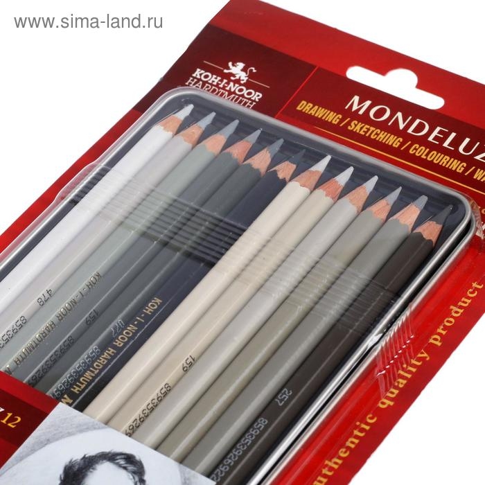 Карандаши акварельные Koh-I-Noor Mondeluz 3722, 12 штук, серая гамма, в металлическом пенале в блистере Карандаши акварельные Koh-I-Noor Mondeluz 3722, 12 штук, серая гамма, в металлическом пенале в блистере