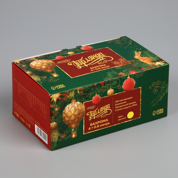 Гирлянда &laquo;Бахрома&raquo; 4 &times; 0.6 м, IP44, прозрачная нить, 180 LED, свечение жёлтое, 8 режимов, 220 В