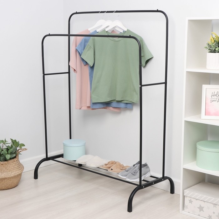 Вешалка двойная напольная металлическая для одежды, с полкой, 110&times;62&times;150 см, цвет чёрный