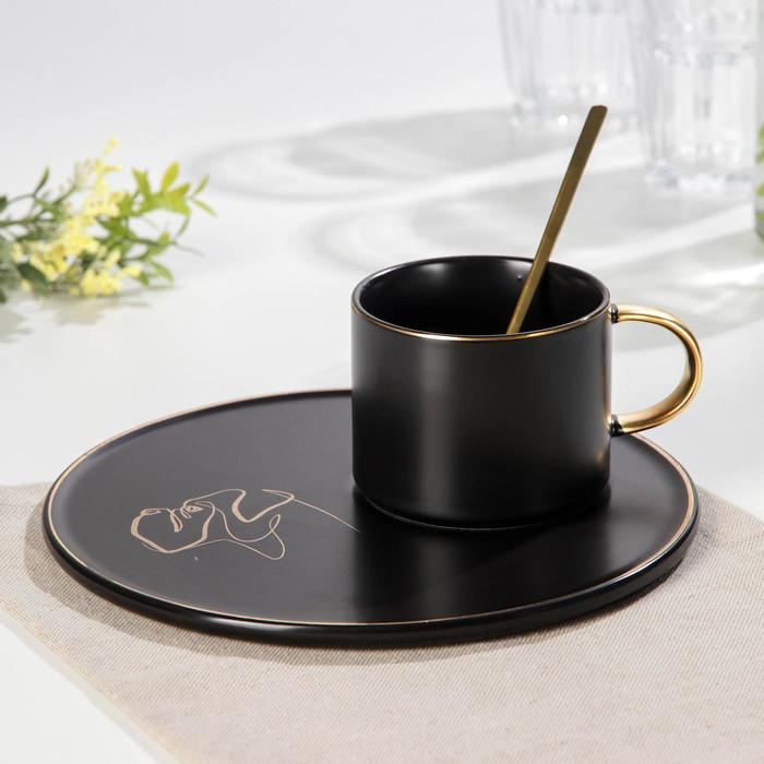 Чайная пара керамическая с ложкой &laquo;Силуэт&raquo;, 2 предмета: кружка 260 мл, тарелка d=19,6 см, рисунок МИКС