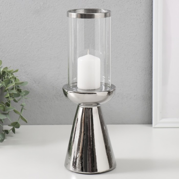 Подсвечник керамика, стекло на 1 свечу "Гладь" d=8 см серебро 10х10х29,5 см