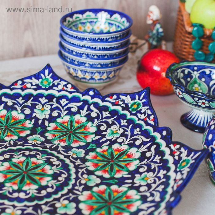 Ляган Риштанская Керамика Ляган Риштанская Керамика "Цветы", 41 см, рифлёный, синий