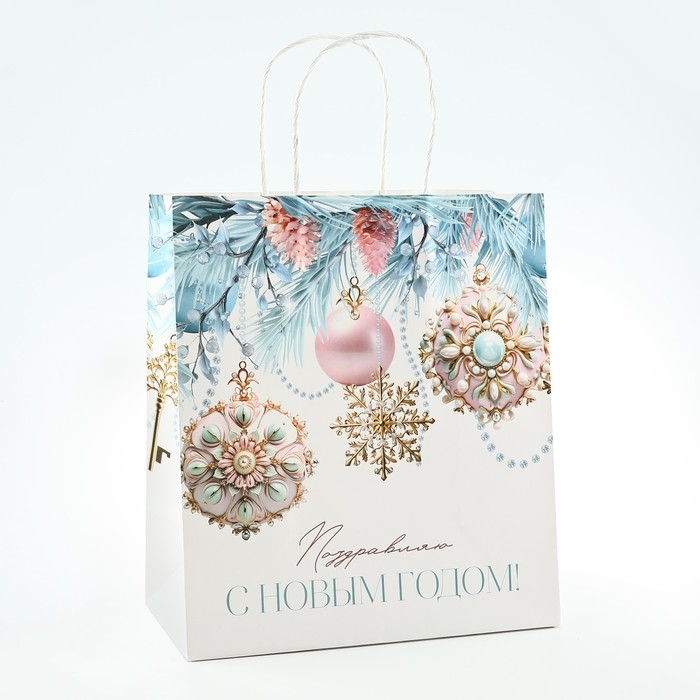 Пакет подарочный новогодний &laquo;Поздравляю с Новым годом&raquo;, белый крафт, 22 х 25 х 12 см , Новый год