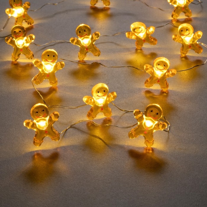 Гирлянда &laquo;Нить&raquo; 2 м роса с насадками &laquo;Пряничный человечек&raquo;, IP20, серебристая нить, 20 LED, 2 режима, батарейки ААх2 (нет в комплекте), свечение тёплое белое