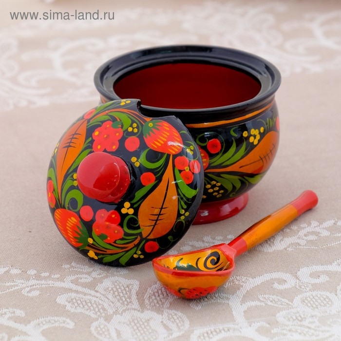 Сахарница, с ложкой, 10,5&times;7,5 см, хохлома