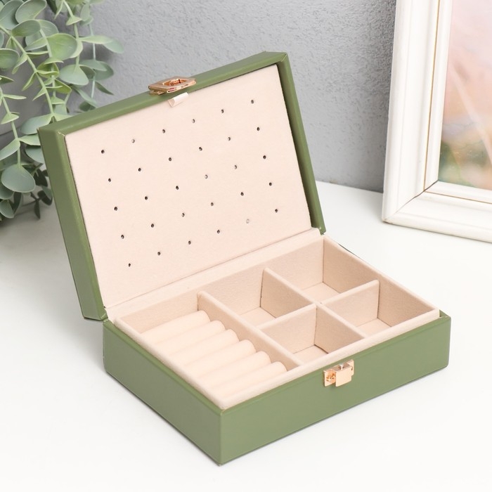 Шкатулка кожзам для украшений "Матовая гладь. Прямоугольная" зелёная 16х11,5х5,5 см