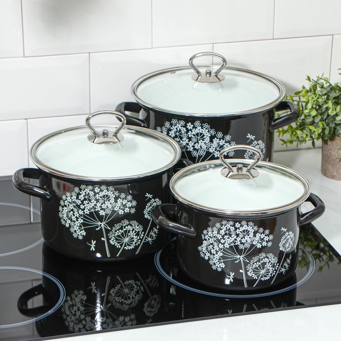 Набор эмалированных кастрюль &laquo;Ажур&raquo;, 3 предмета: 2.4 л, 3.4 л, 5 л, индукция