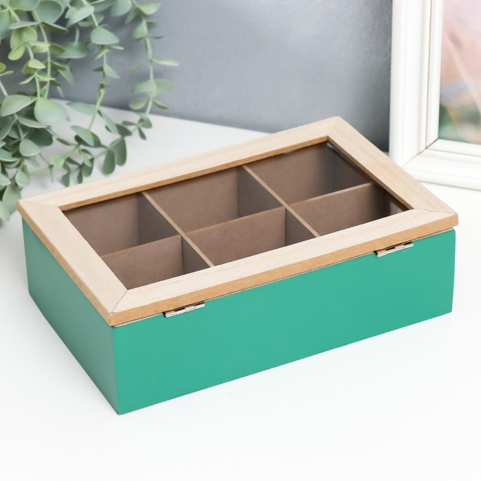 Шкатулка дерево с делениями "Пальмовые листья" зелёная с золотом 7х16,5х24 см