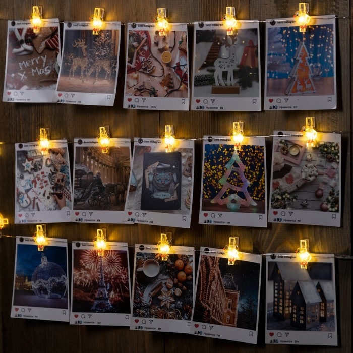 Гирлянда &laquo;Нить&raquo; 2 м роса с насадками &laquo;Прищепки-цыплёнок&raquo;, IP20, серебристая нить, 20 LED, батарейки ААх2 (нет в комплекте), свечение тёплое белое