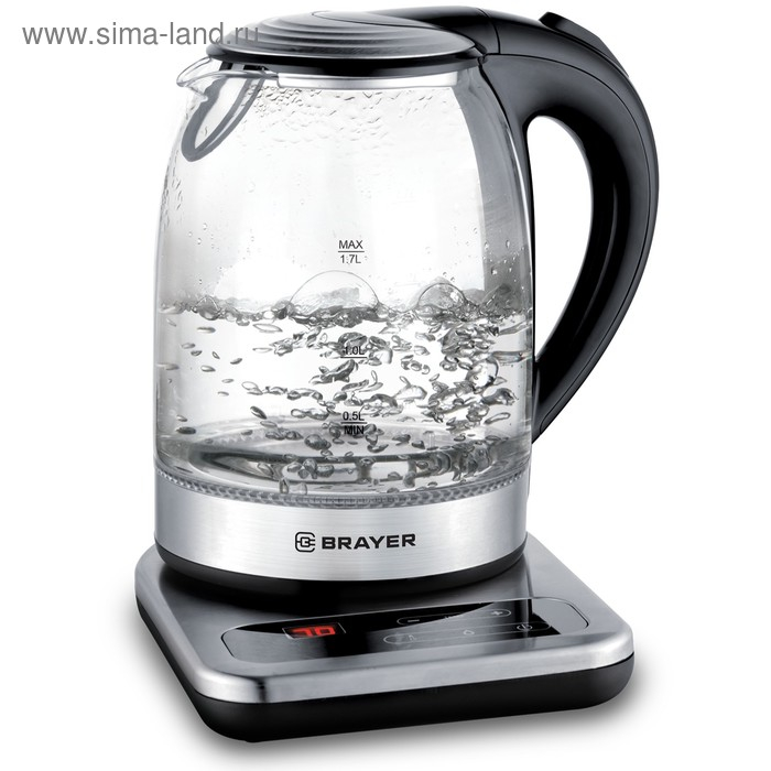 Чайник электрический BRAYER BR1003, стекло, 1.7 л, 2200 Вт, регулировка t&deg;, серебристый