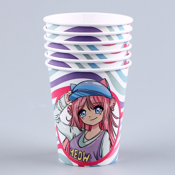 Набор бумажной посуды одноразовый Аниме&raquo;, фуксия: 6 тарелок, 1 гирлянда, 6 стаканов, 6 колпаков