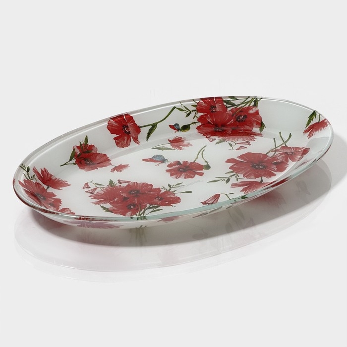 Блюдо сервировочное стеклянное Доляна &laquo;Красные маки&raquo;, овальное, 24,5&times;15&times;1,7 см