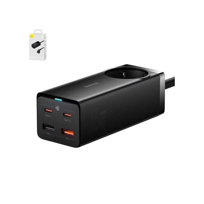 Зарядная станция Baseus PowerCombo, GAC+2U+2C 65W + Type-C-Type-C, PD, 65W, 1 м, чёрная Зарядная станция Baseus PowerCombo, GAC+2U+2C 65W + Type-C-Type-C, PD, 65W, 1 м, чёрная