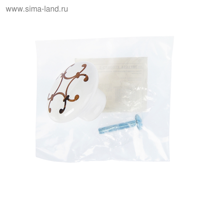 Ручка кнопка LACE Ceramics 009, d=38 керамическая, белая с рисунком