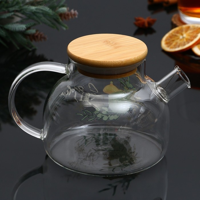 Новый год. Чайник заварочный стеклянный с бамбуковой крышкой &laquo;С Новым годом!&raquo;, 600 мл