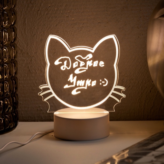 Ночник с маркером для заметок, 13.5x15.5x8.5 см, 5 LED, USB, AAx3(не в компл.), кот, свечение тёплое белое