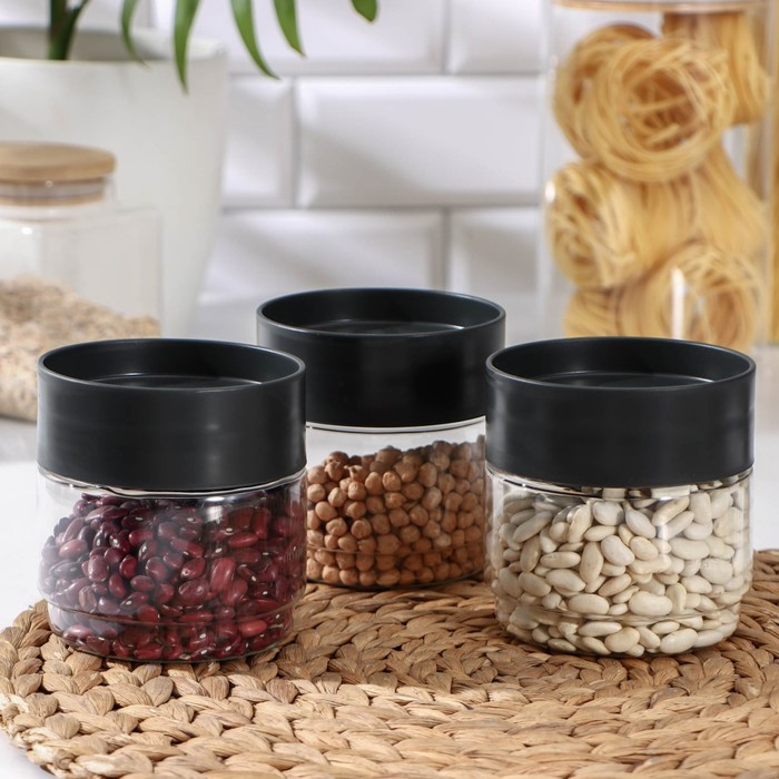 Комплект ёмкостей для сыпучих продуктов, 3 предмета, 500 мл, прозрачныый, крышка черная Комплект ёмкостей для сыпучих продуктов, 3 предмета, 500 мл, прозрачныый, крышка черная