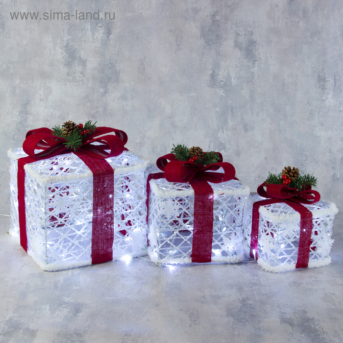 Светодиодная фигура &laquo;Подарки с красной лентой&raquo; 15, 20, 25 см, текстиль, металл, 220 В, свечение белое