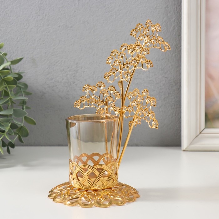 Подсвечник металл, стекло на 1 свечу "Ветви деревца" d=4,7 см, золото 12,3х13,5х20 см