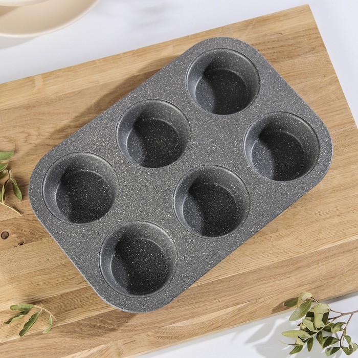 Форма для выпечки &laquo;Элин Мрамор. Кекс&raquo;, 27,5&times;18&times;3 см, 6 ячеек, антипригарное покрытие, цвет серый