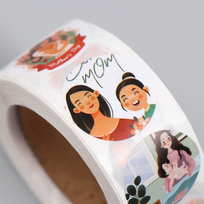 Наклейка бумага "День матери" d=2,5 см 500 шт в рулоне