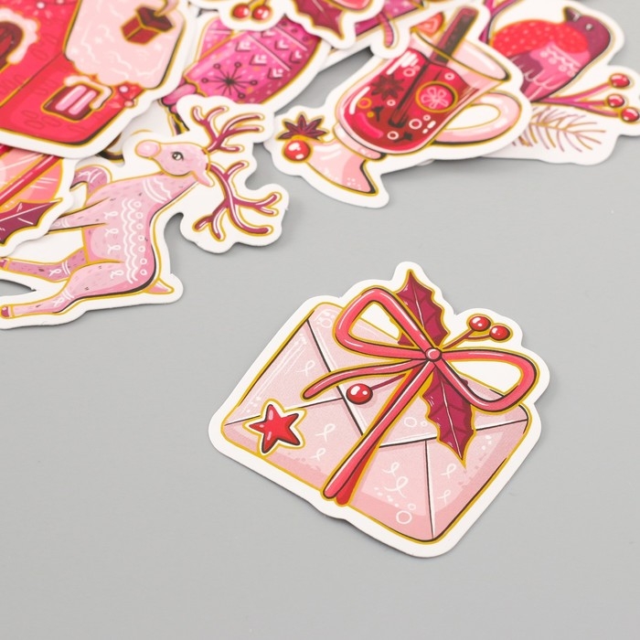 Наклейки для творчества "Новый год в розовых оттенках" тиснение золото набор 48 шт 9х7х0,8см   10177