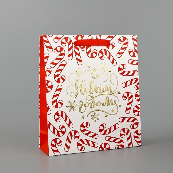 Пакет подарочный новогодний ламинированный &laquo;Новогодние леденцы&raquo;, тиснение, M 30 х 26 х 9 см, Новый год