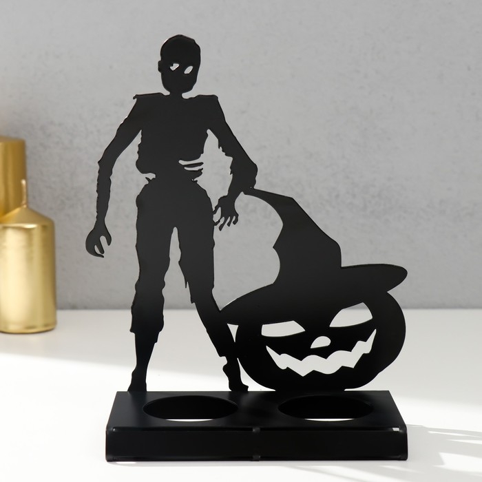 Подсвечник металл на 2 свечи Подсвечник металл на 2 свечи "Хэллоуин. Зомби с тыквой" чёрный 17,5х14х6 см