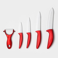 Набор кухонный на подставке «Изгиб», 5 предметов: 4 ножа, лезвие 7,5 см, 10 см, 13 см, 15 см, овощечистка, цвет красный Набор кухонный на подставке «Изгиб», 5 предметов: 4 ножа, лезвие 7,5 см, 10 см, 13 см, 15 см, овощечистка, цвет красный