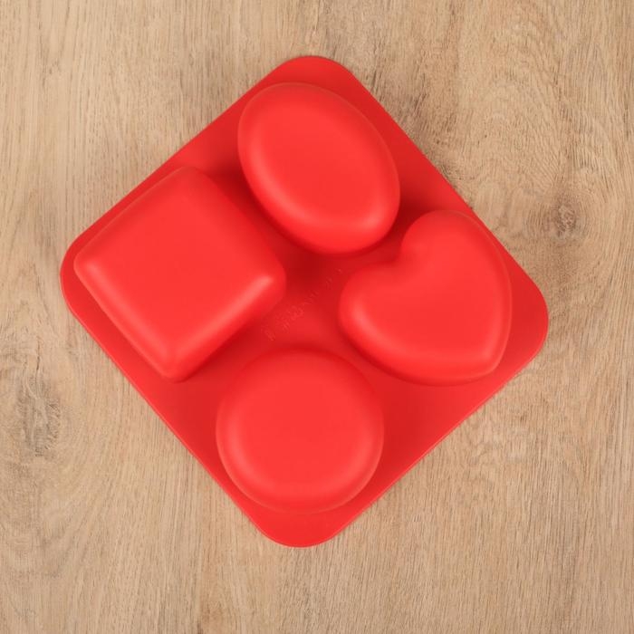 Форма силиконовая для выпечки «Фигуры и сердце», 16×17 см, 4 ячейки (7×7 см), цвет МИКС Форма силиконовая для выпечки «Фигуры и сердце», 16×17 см, 4 ячейки (7×7 см), цвет МИКС