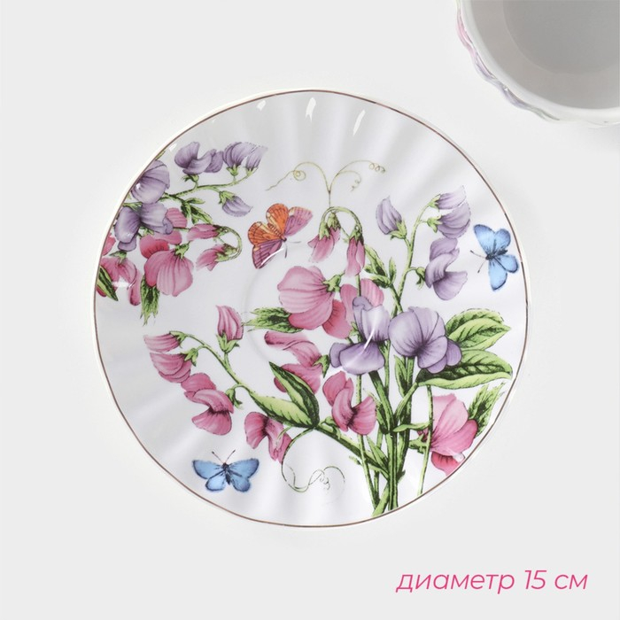 Чайная пара керамическая Доляна &laquo;Колокольчики&raquo;, 2 предмета: чашка 250 мл, блюдце d=15 см, цвет белый