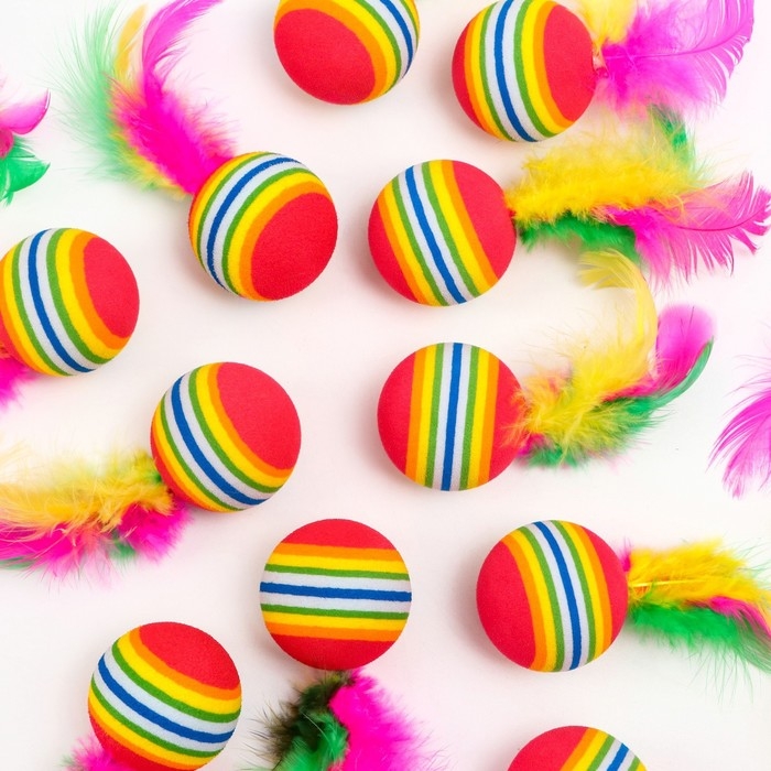 Шарик с перьями для кошек, 3,4 см, фасовка по 50 шт, микс цветов