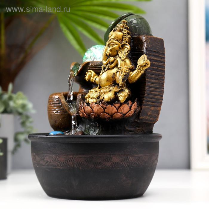 Фонтан настольный от сети, подсветка "Золотой Ганеша в лотосе у водопада" 28х19х19 см