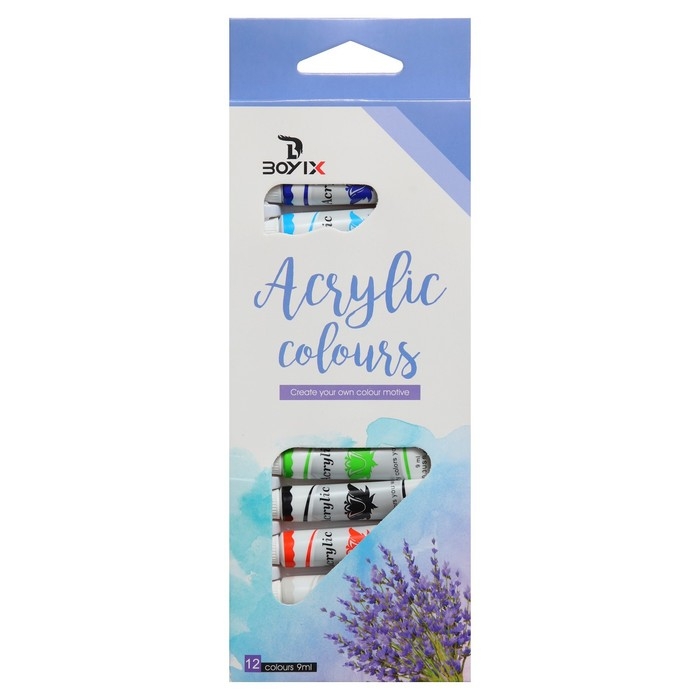 Краски акриловые, 12 цветов, в пластиковой тубе, 9 мл, в картонной коробке Краски акриловые, 12 цветов, в пластиковой тубе, 9 мл, в картонной коробке