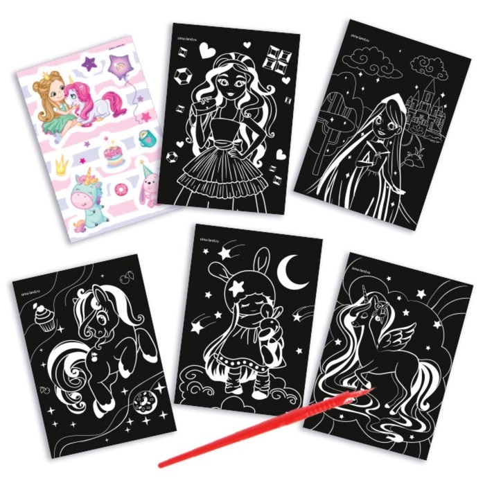 Гравюра блокнот детский «Принцесса и единорог», 10 листов, штихель, для девочки Гравюра блокнот детский «Принцесса и единорог», 10 листов, штихель, для девочки
