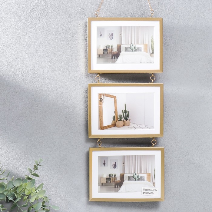 Фоторамка металл на 3 фото 10х15 см Фоторамка металл на 3 фото 10х15 см "Лофт. Строгие линии" золото, паспарту 44х18,5 см