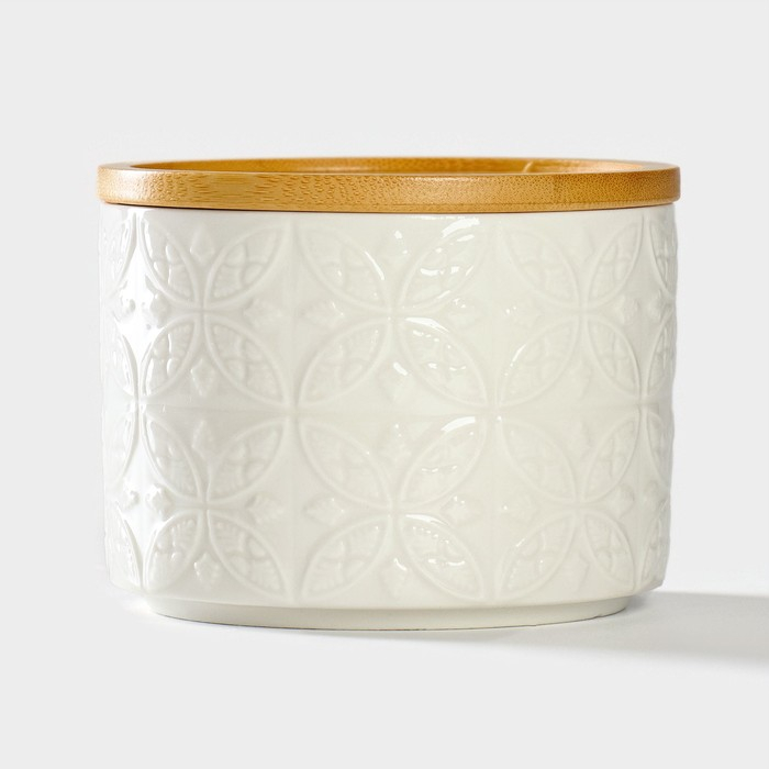 Банка для хранения сыпучих продуктов BellaTenero &laquo;Листья&raquo;, 330 мл, d=10 см, с бамбуковой крышкой, фарфоровая, цвет белый