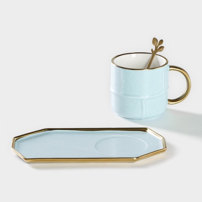 Чайная пара с ложкой «Весна», кружка 300 мл, 11,5×8×8 см, блюдце 19,5×10,5 см, керамика, цвет голубой Чайная пара с ложкой «Весна», кружка 300 мл, 11,5×8×8 см, блюдце 19,5×10,5 см, керамика, цвет голубой