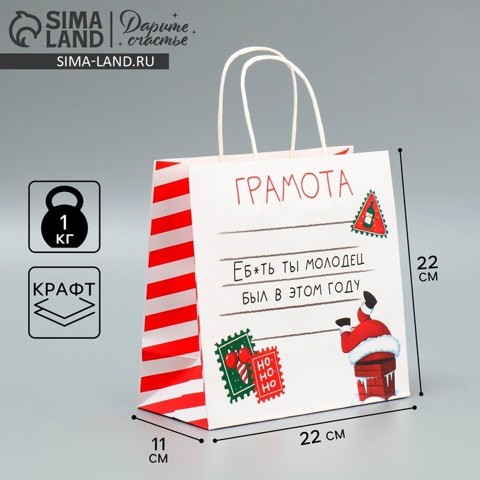 Пакет подарочный новогодний крафтовый «Молодец», 22 х 22 х 11 см, Новый год Пакет подарочный новогодний крафтовый «Молодец», 22 х 22 х 11 см, Новый год
