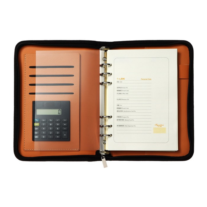 Органайзер на кольцах А5, 96 листов в линейку, на молнии с 3-х сторон, кожзам, с калькулятором, МИКС