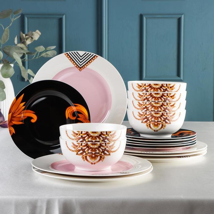 Набор тарелок фарфоровых Magistro «Миледи», 18 предметов: 6 тарелок d=20 см, 6 тарелок d=25 см, 6 салатников 800 мл Набор тарелок фарфоровых Magistro «Миледи», 18 предметов: 6 тарелок d=20 см, 6 тарелок d=25 см, 6 салатников 800 мл