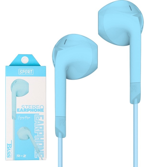 Наушники R-2, проводные, вкладыши, микрофон, 1 м, Jack 3.5 мм, голубые Наушники R-2, проводные, вкладыши, микрофон, 1 м, Jack 3.5 мм, голубые