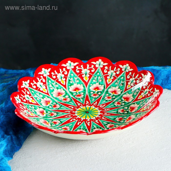 Ляган Риштанская Керамика Ляган Риштанская Керамика "Цветы", 33 см, красный, рифлёный