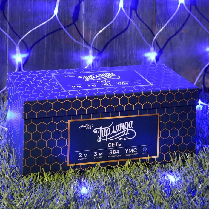 Гирлянда &laquo;Сеть&raquo; 2 &times; 3 м, IP44, УМС, прозрачная нить, 384 LED, свечение синее, 220 В