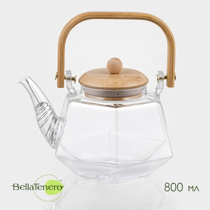 Чайник заварочный стеклянный с бамбуковой крышкой и металлическим фильтром BellaTenero &laquo;Октогон&raquo;, 800 мл
