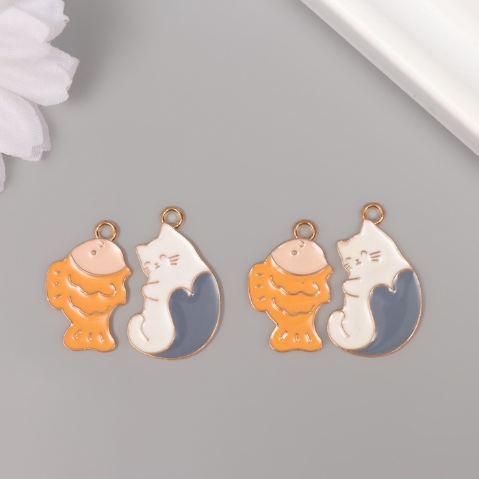 Декор для творчества металл, эмаль Декор для творчества металл, эмаль "Котик с рыбкой" набор 2 шт 2,6х2,5 см