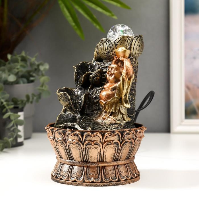 Фонтан настольный от сети, подсветка "Хотей со слитком золота у фонтана" 22,5х15х15 см