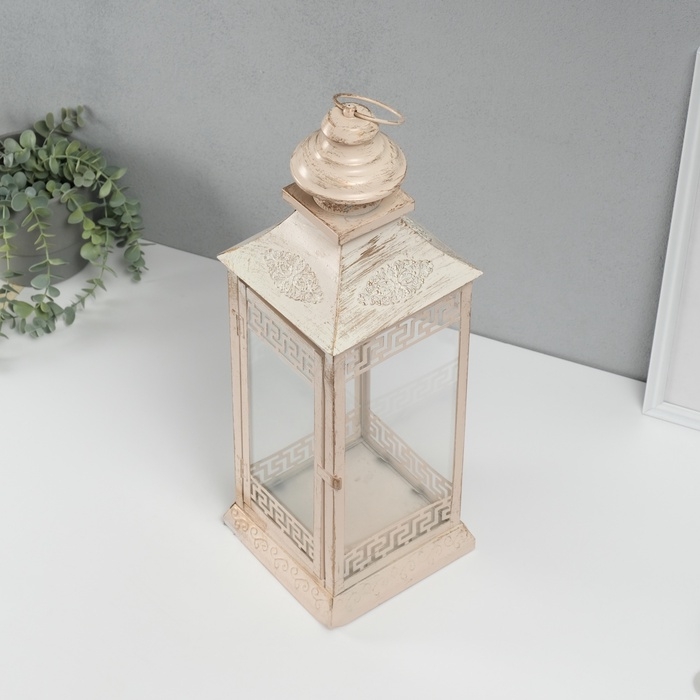 Подсвечник металл, стекло на 1 свечу фонарик Подсвечник металл, стекло на 1 свечу фонарик "Ажурный ромб" белый с патиной 52,5х17,5х17,5см 54492